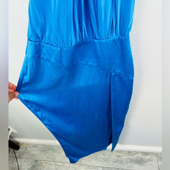 Michelle Mason Blue Silk Satin Halter Dress Slit Open Back - Picture 5 of 10